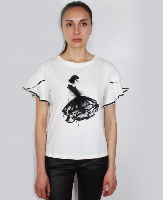 T-shirt with ribbon sleeves and dancing lady ST-679