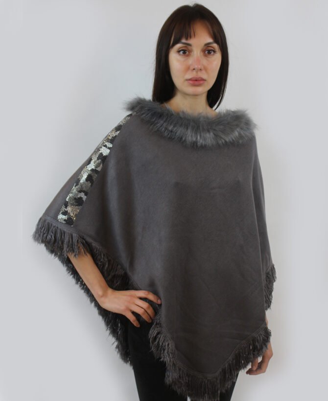 Snakeskin Design Fur Trim Poncho PO-421